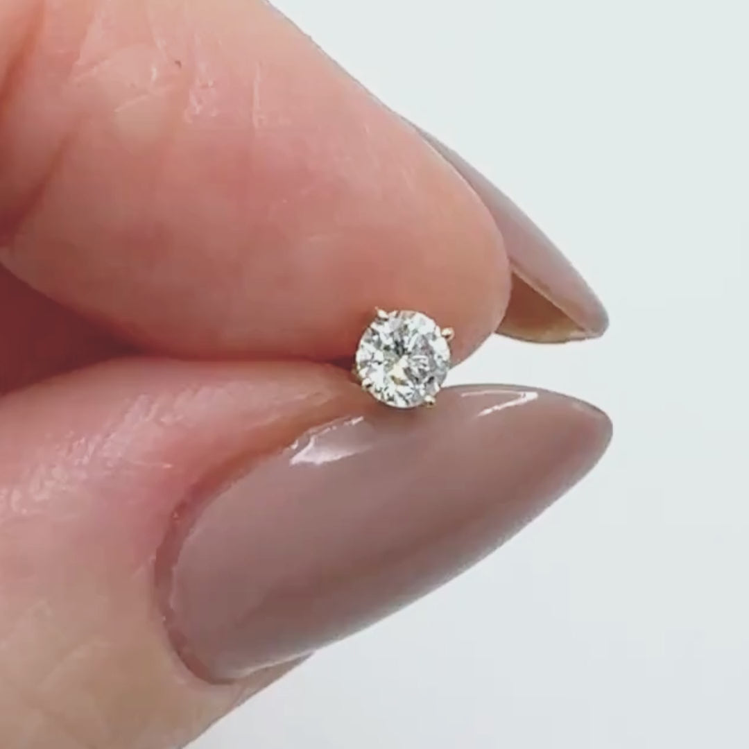 Video of Large Flat Back Lab Grown Diamond Earring, 14k Gold Stud for Cartilage or Lobe Piercings