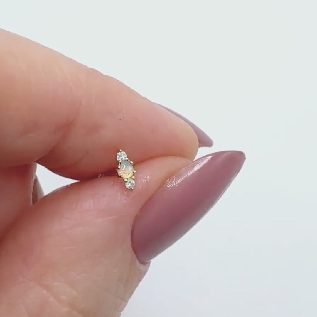 Video: 3 Stone Opal and Diamond Earring, 14K Gold Flat Back Cartilage Piercing Stud for Helix, Tragus, Conch or Lobe