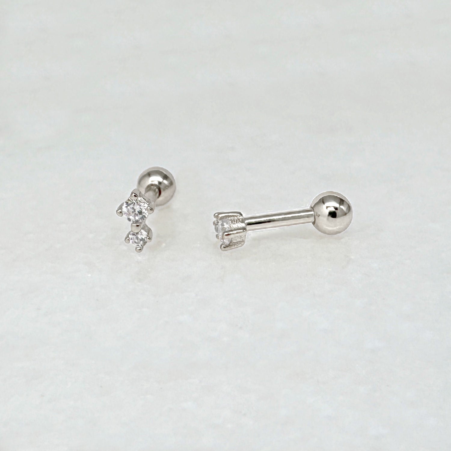 Two Stone Screw Back Cartilage Earring, Sterling Silver Ball Back Barbell from Two of Most