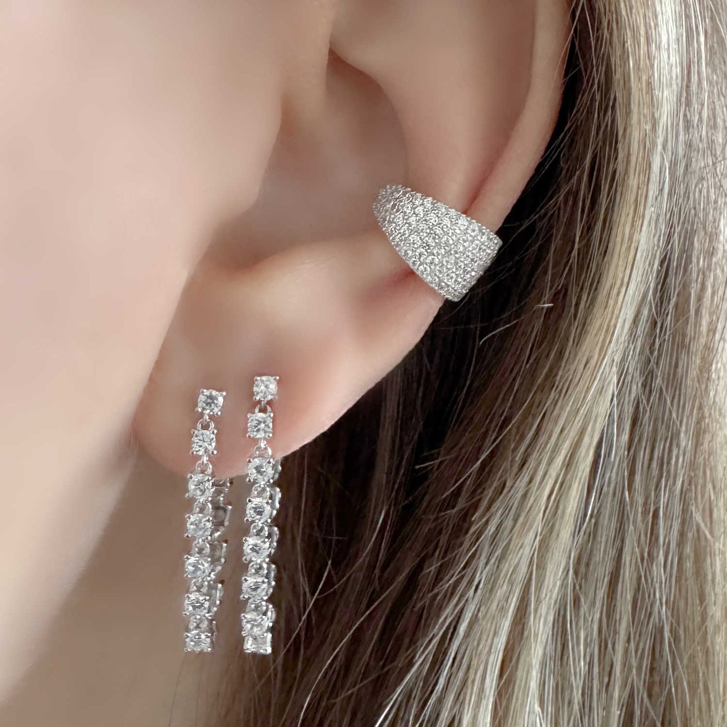 White Gold Pavé Ear Cuff & Tennis Earrings on Model, from Two of Most