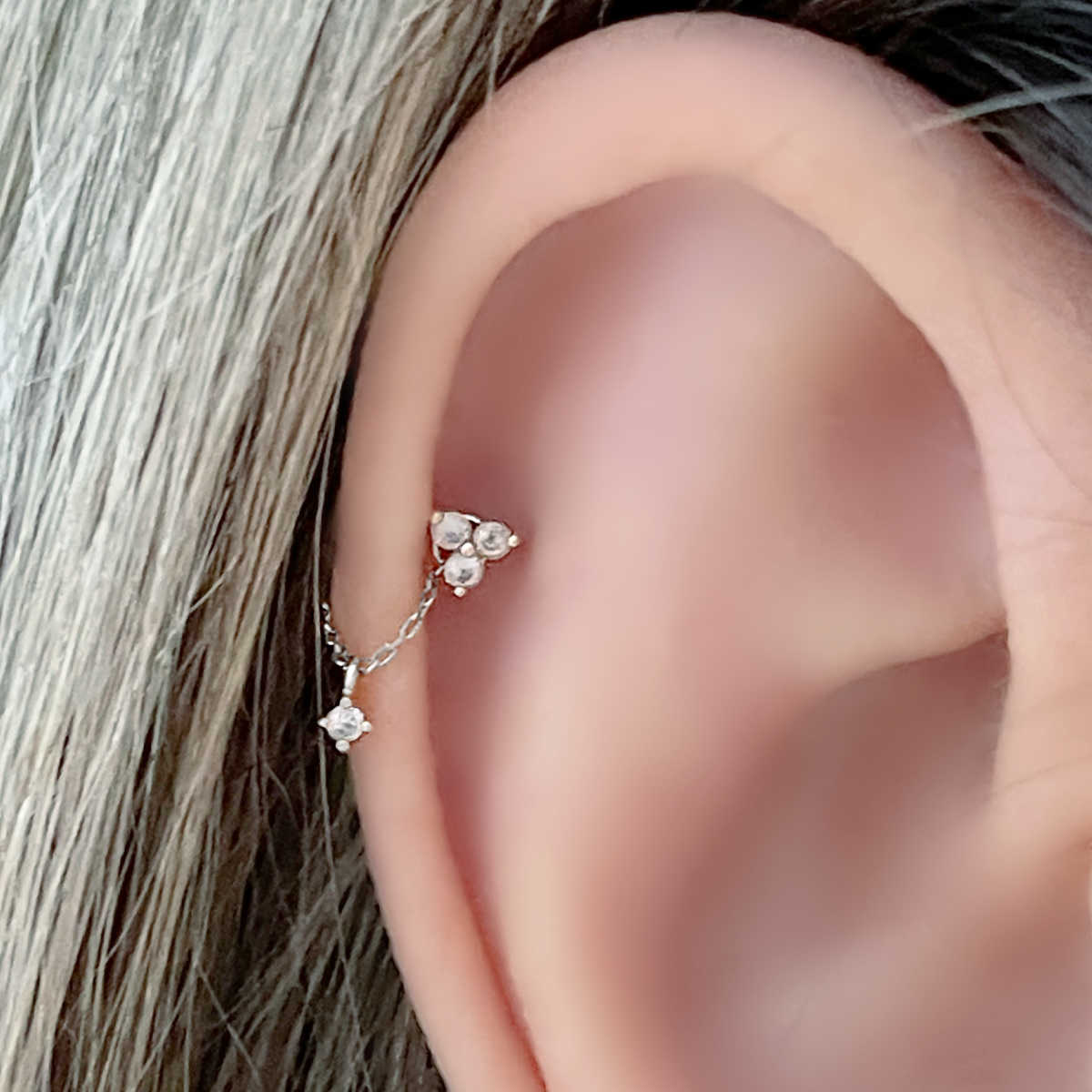 Floating Diamond Earring Charm Set | Connected Double Piercing in 14k White & Yellow Gold | Two of Most Fine Jewelry
