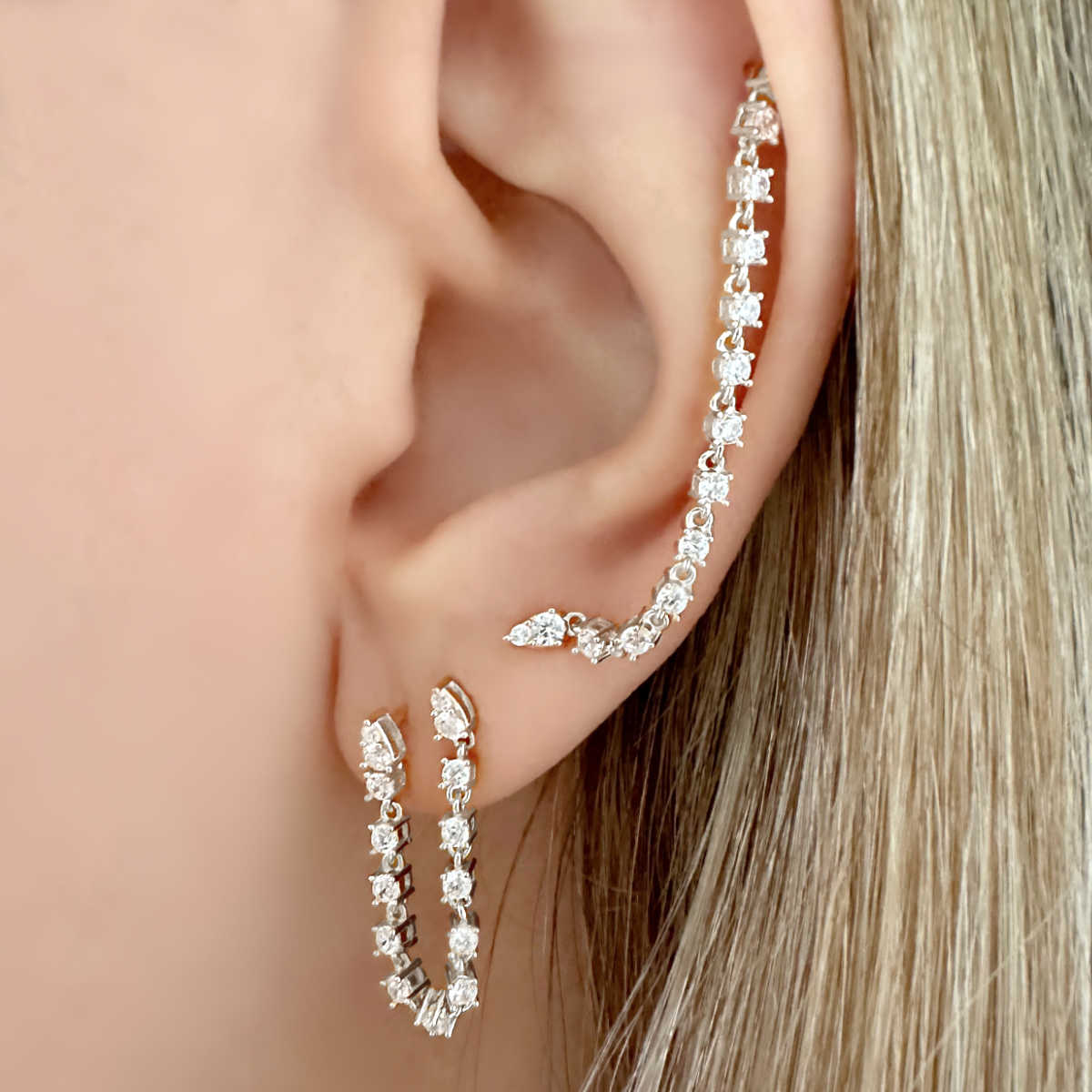 White Gold Tennis Earrings, Connected Chain Double Piercing Studs on Model