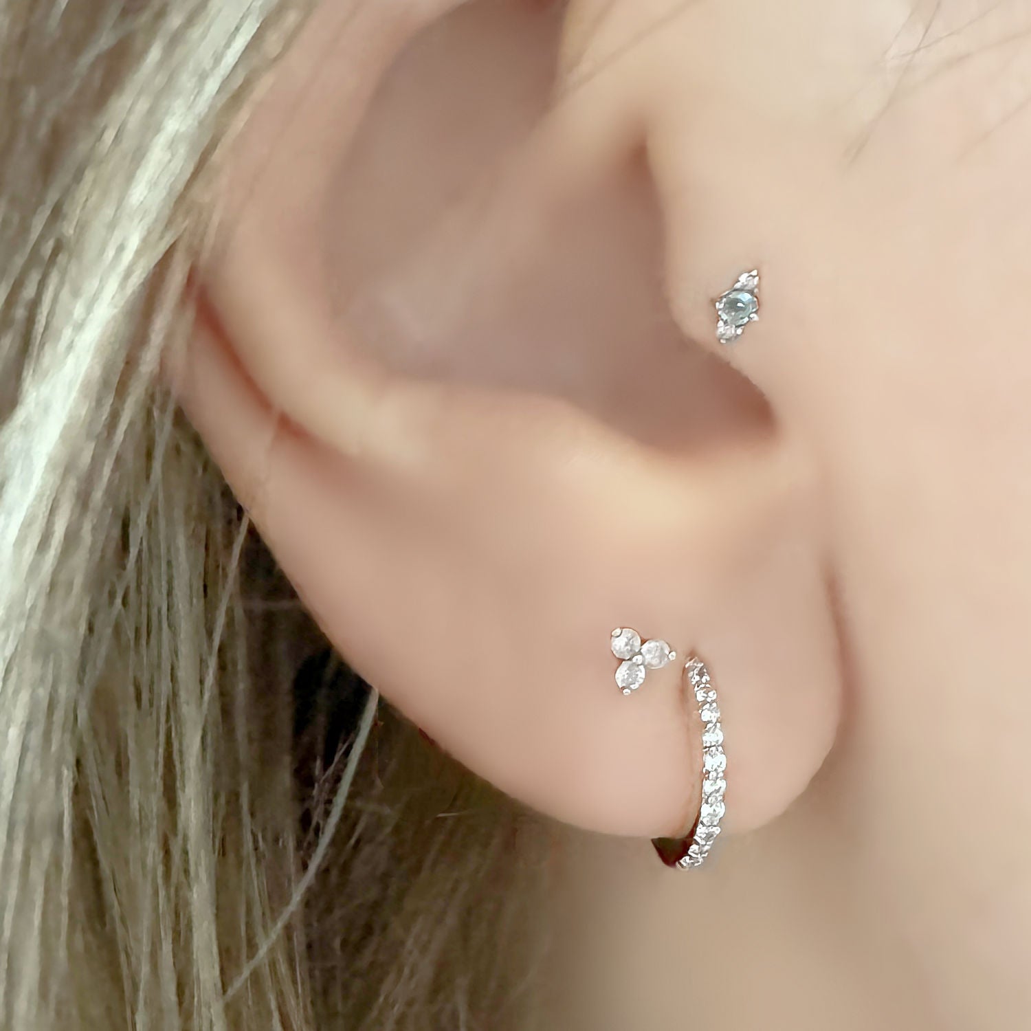 White Gold & Blue Topaz Tragus Earring on Woman, Flat Back Cartilage Piercing Jewelry from Two of Most