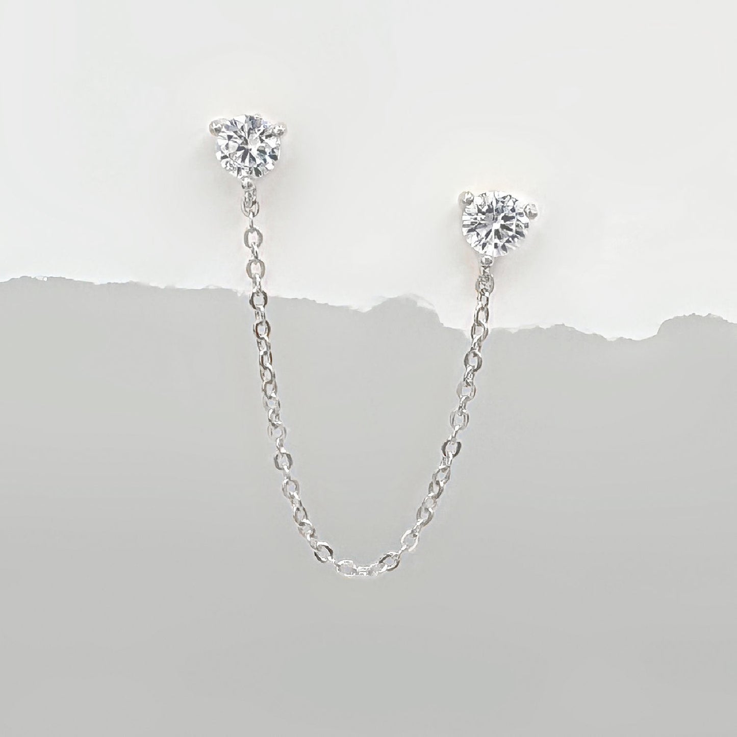 White Gold Double Piercing Earrings, Chain Connected Helix to Lobe Studs, Two of Most
