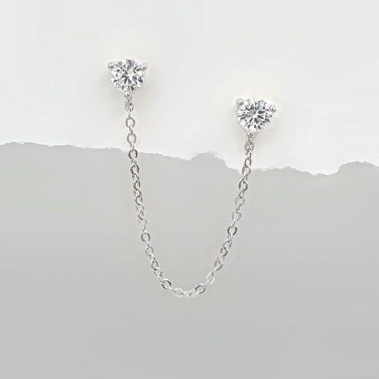 White Gold Double Piercing Earrings, Chain Connected Helix to Lobe Studs, Two of Most