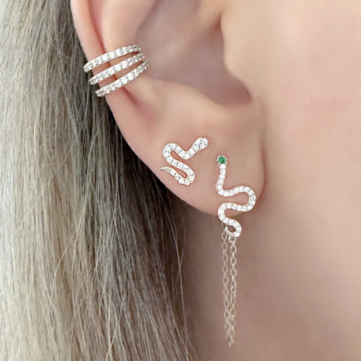 White Gold & Gemstone Ear Cuff Earring on Model
