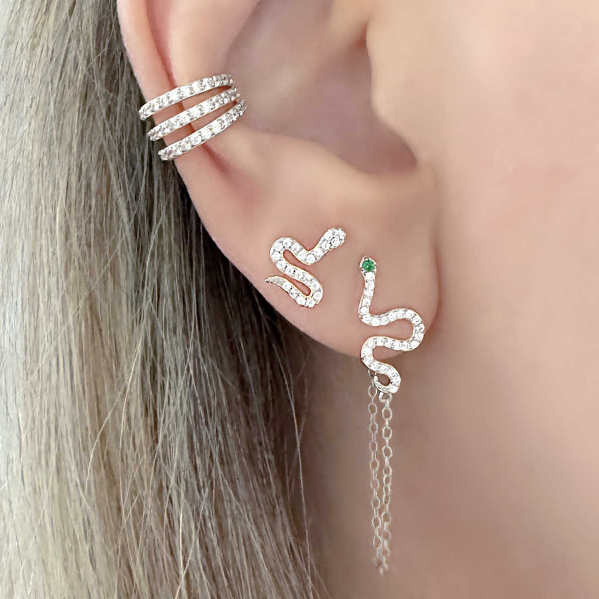 Snake Stud Earrings with Gemstones in 18k White Gold & Silver on Model