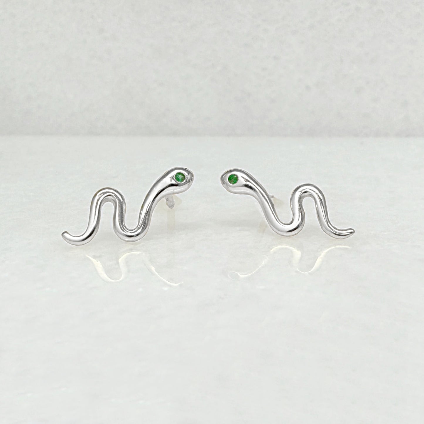 White Gold Snake Earrings, Serpent Studs with Green Gemstone Eyes from Two of Most
