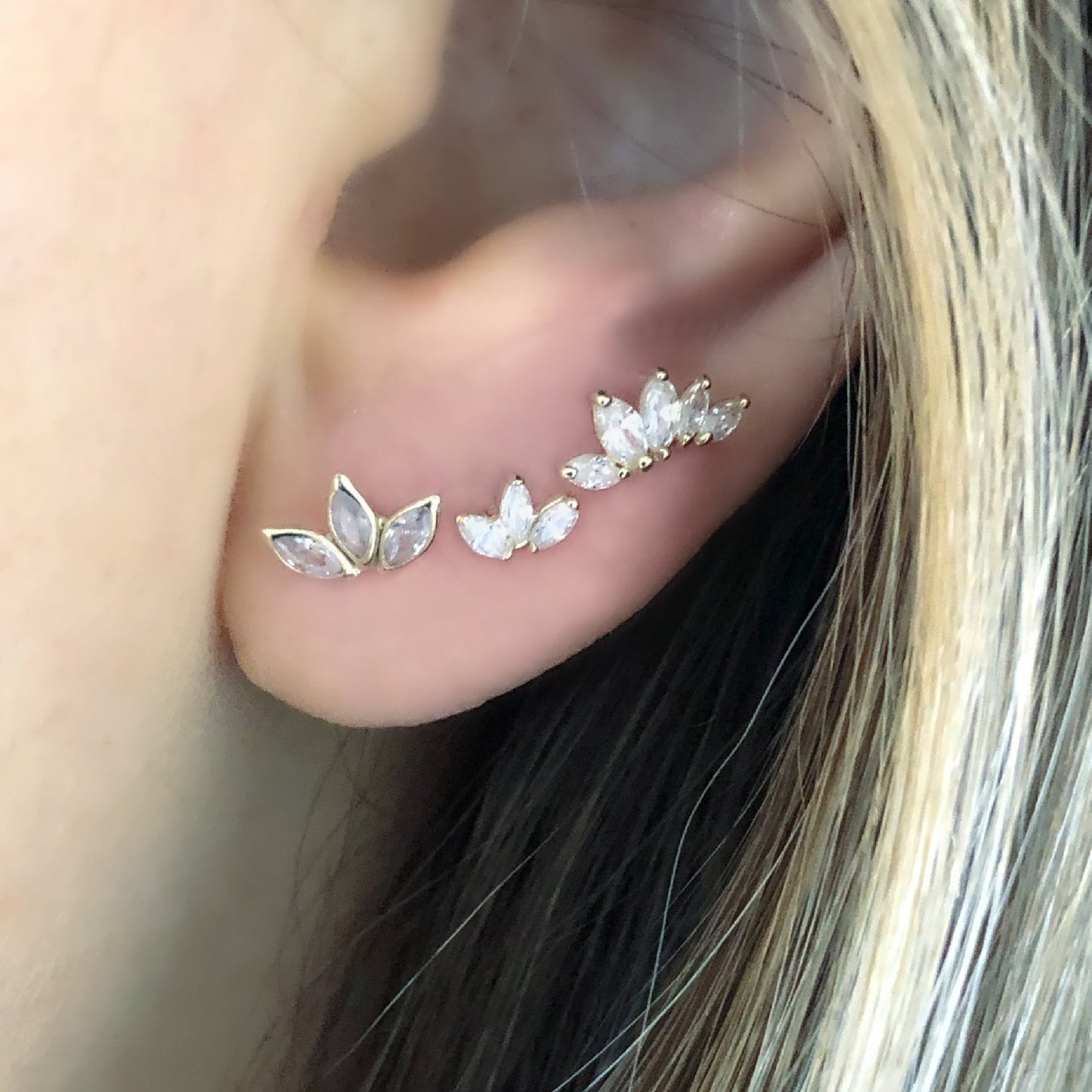 lotus 3 stone flat screw back stud earring 14k gold hypoallergenic | helix cartilage tragus piercing | Two of Most
