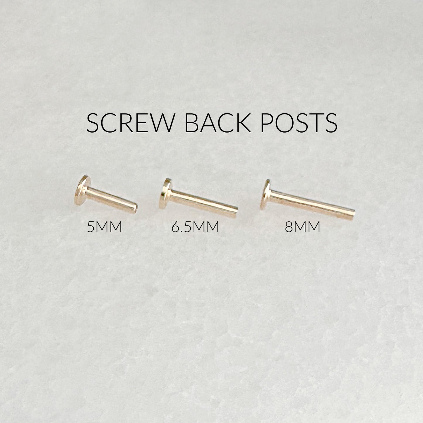 14k Gold Internally Threaded Flat Back Earring Posts, 18GA Screw Back Labret Cartilage Piercing Studs for Helix, Tragus, & Conch 5mm, 6.5mm, 8mm Lengths