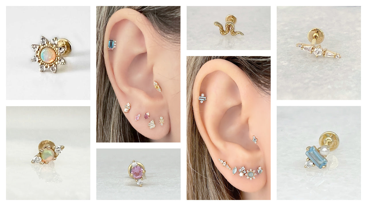 Gold Flat Back Earring Collection for Helix, Tragus, Conch, & Lobe, 14k & Gemstones, Two of Most