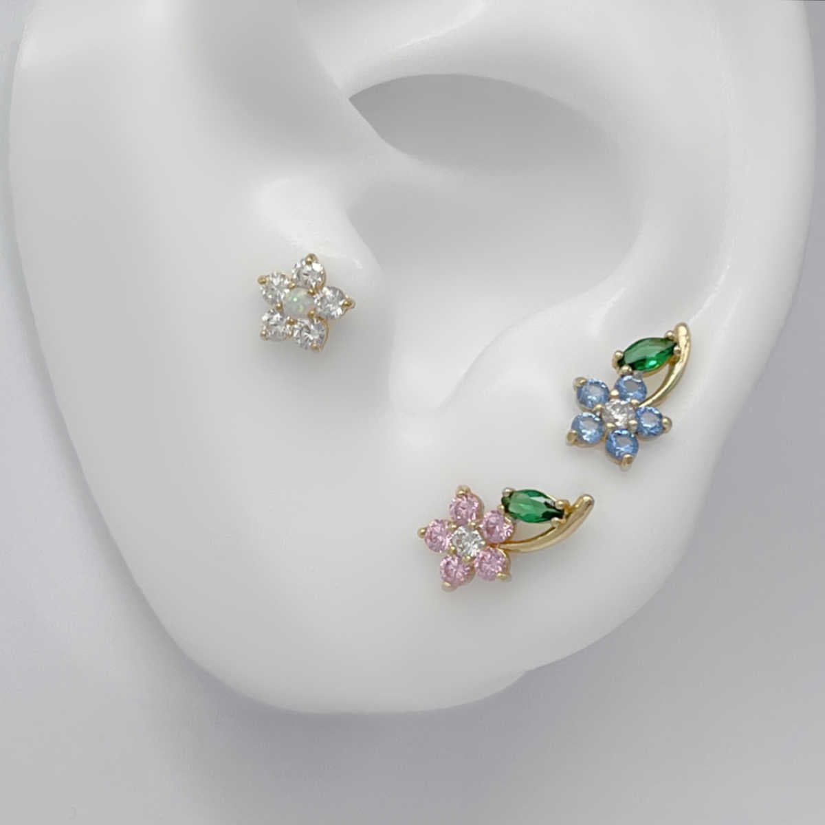 Flower Earrings on Ear, 14K Gold & Gemstone Studs, Two of Most Fine Jewelry