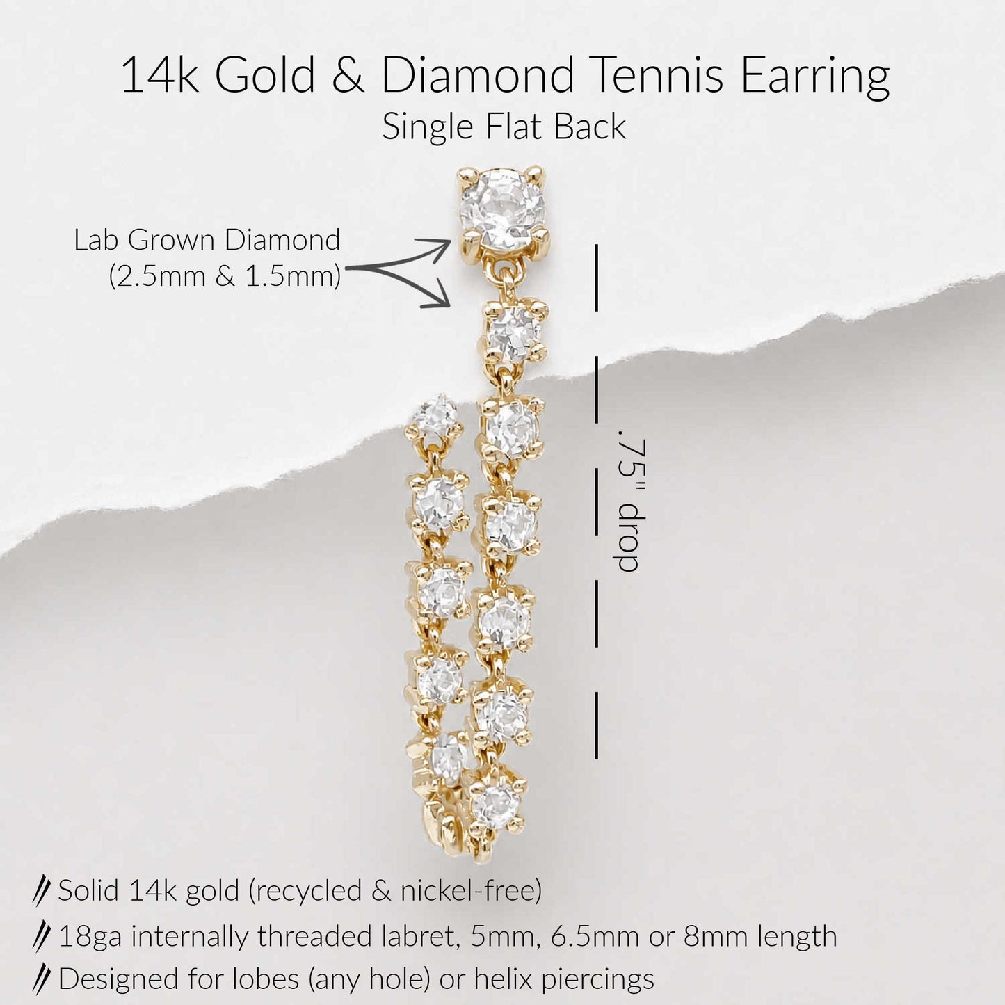 A single 14k gold tennis earring with multiple round-cut clear diamonds, shown on a light gray background with product details. The earring is labeled as single flat back tennis earring with a .75" drop.