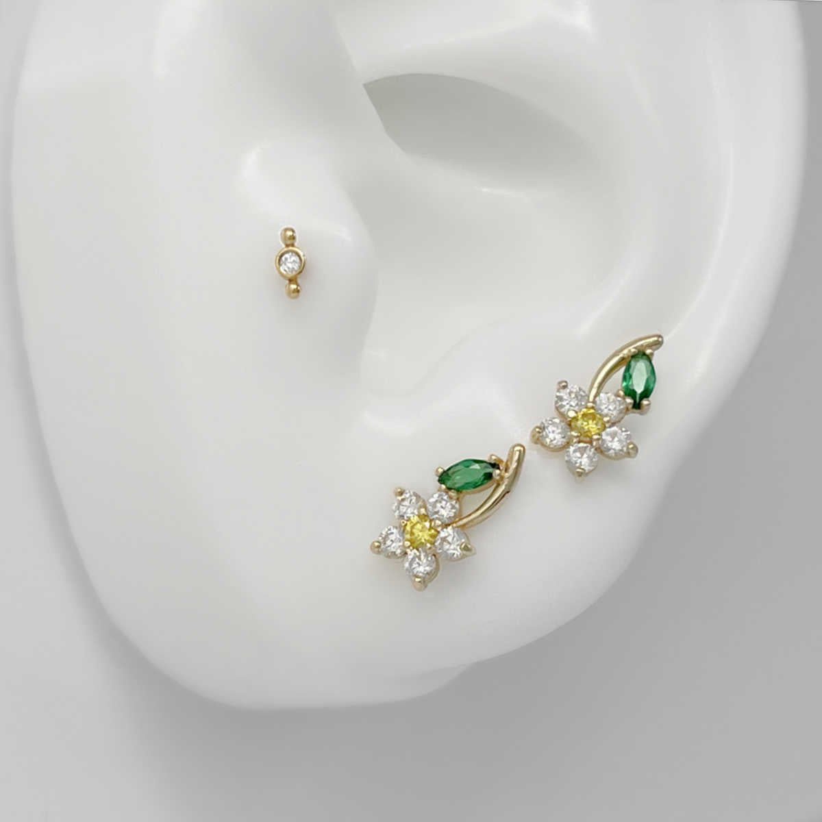 Flower Earrings on Ear, 14K Gold & Gemstone Studs, Two of Most Fine Jewelry