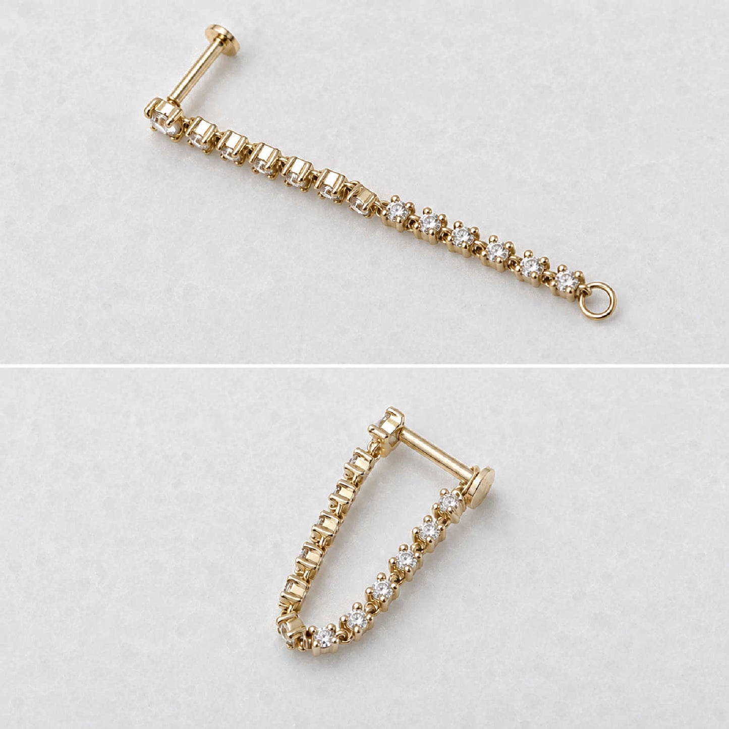 Side view of a 14k gold tennis style dangle flat back earring with multiple round-cut diamonds