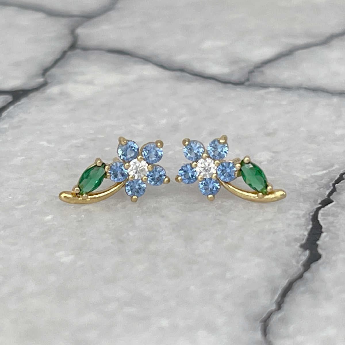 Blue Flower Earrings, 14K Gold & Gemstone Studs, Two of Most Fine Jewelry