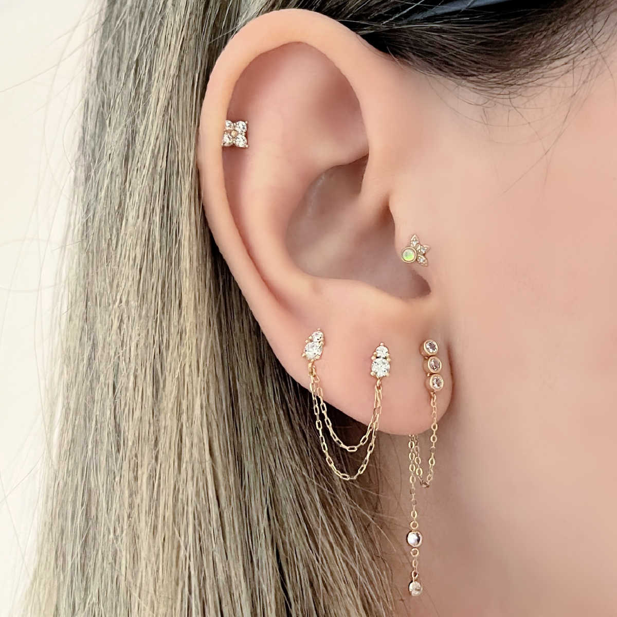 Front Back Gemstone Earring | 14k Gold Dangle Chain Stud on Model