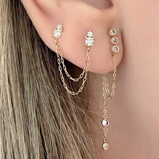 Gold Double Piercing Earrings | 14k Connected Chain Studs on Model