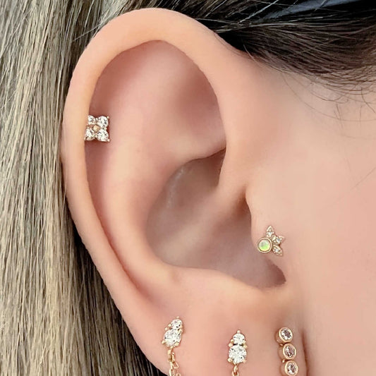 Opal & Topaz Lotus Flower Gold Cartilage Earring | Helix, Tragus, & Conch Studs on Model
