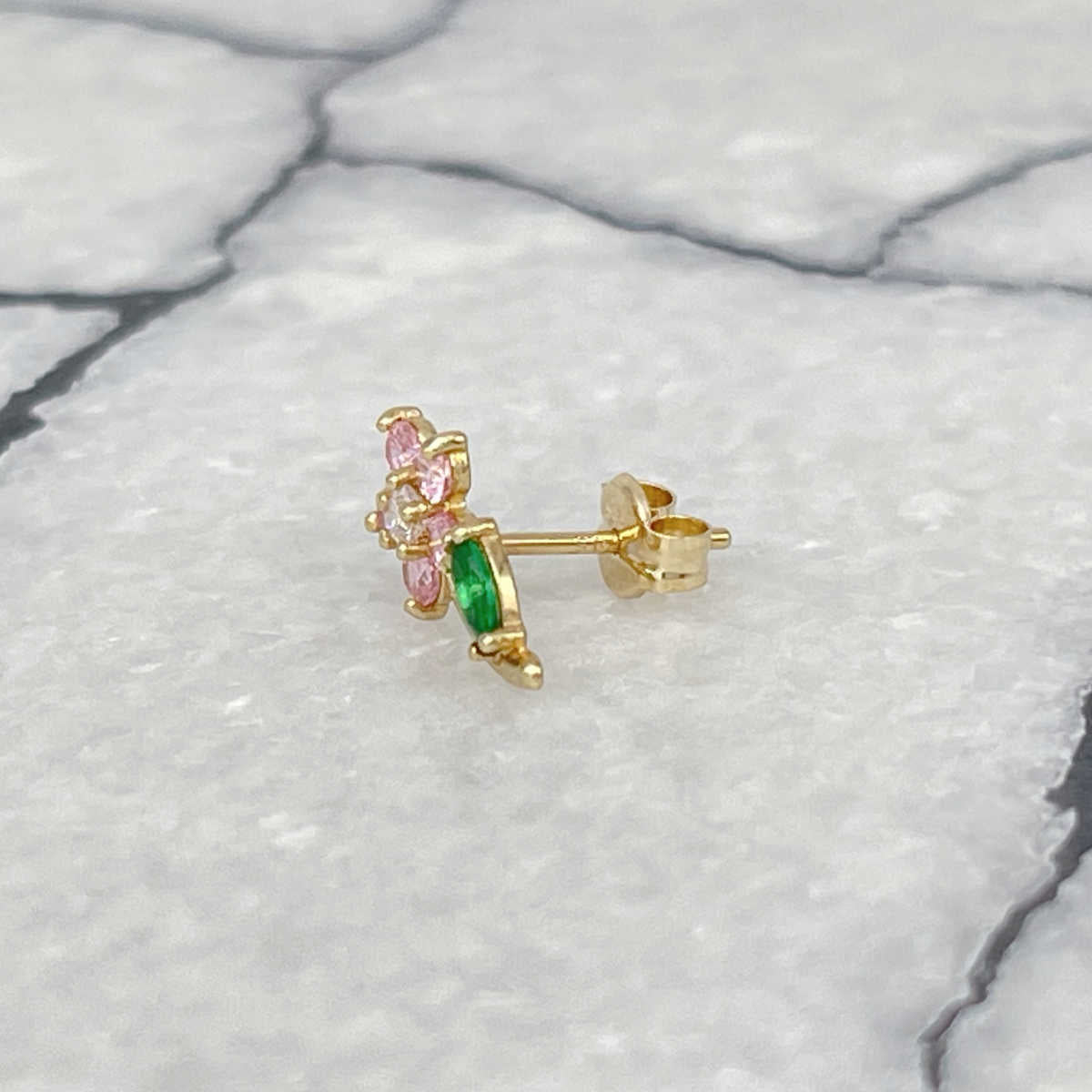 Pink Flower Earrings Side View, 14K Gold & Gemstone Studs, Two of Most Fine Jewelry
