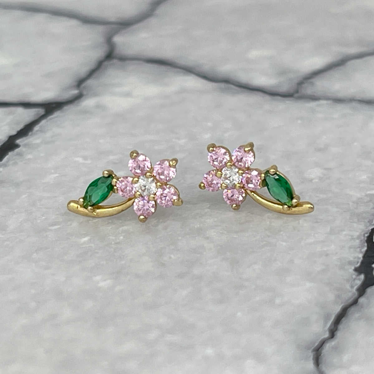 Pink Flower Earrings, 14K Gold & Gemstone Studs, Two of Most Fine Jewelry