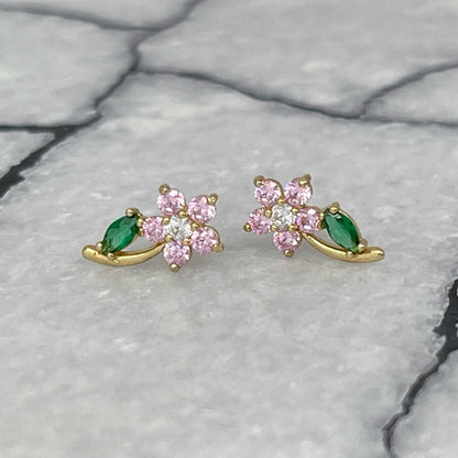Pink Flower Earrings, 14K Gold & Gemstone Studs, Two of Most