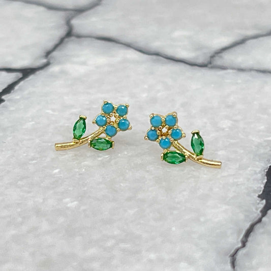 Blue Flower Earrings, 14K Gold & Turquoise Studs, Two of Most Fine Jewelry