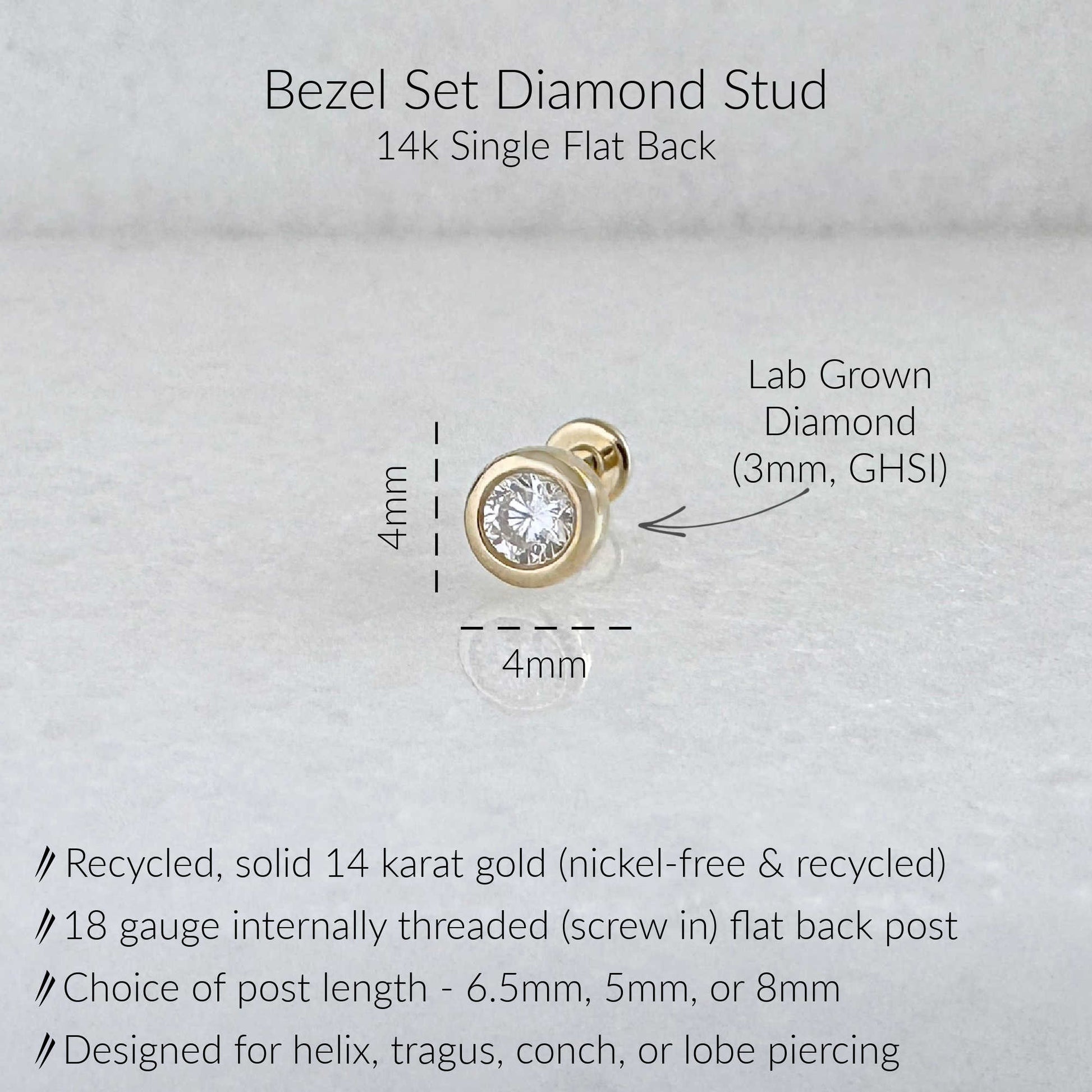 A product information graphic for a bezel-set diamond stud earring. The image shows a small gold stud with a clear round lab-grown diamond, labeled with dimensions of 4mm, plus text describing 14k single flat back, recycled solid 14 karat gold, 18 gauge internally threaded post, and suitability for helix, tragus, conch, or lobe piercing.
