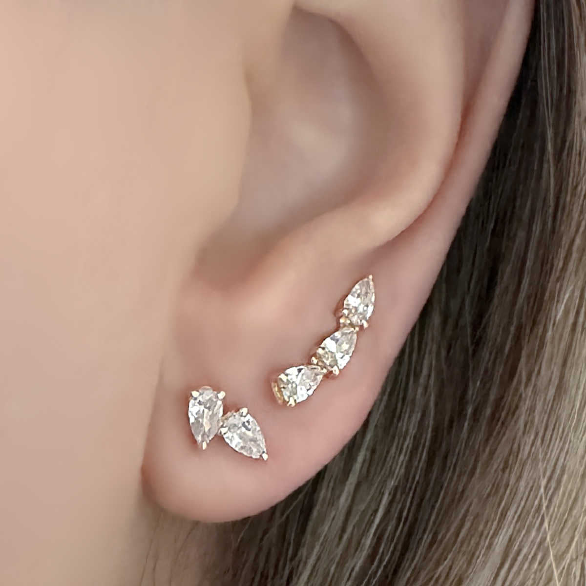 Pear Shaped Earrings in 14k Gold | Two Stone Tear Drop Studs on Model