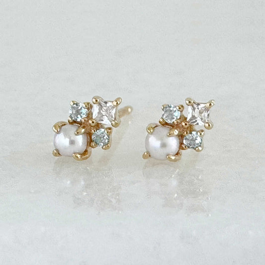 Pearl & Blue Topaz Studs | 14k Solid Gold Earrings from Two of Most