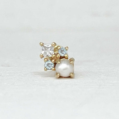 Pearl Stud Earrings with Blue Topaz | 14k Gold Cartilage Studs from Two of Most