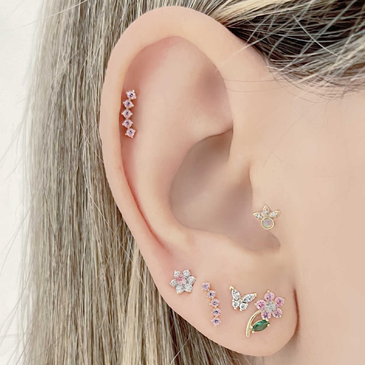 Pink Gemstone Curve Earrings on Model, 14K Gold Studs from Two of Most Fine Jewelry