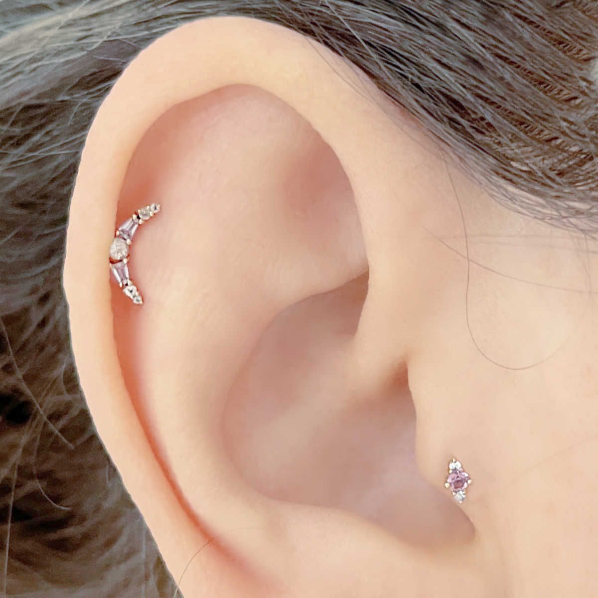Pink Sapphire Flat Back Tragus Earring on Model