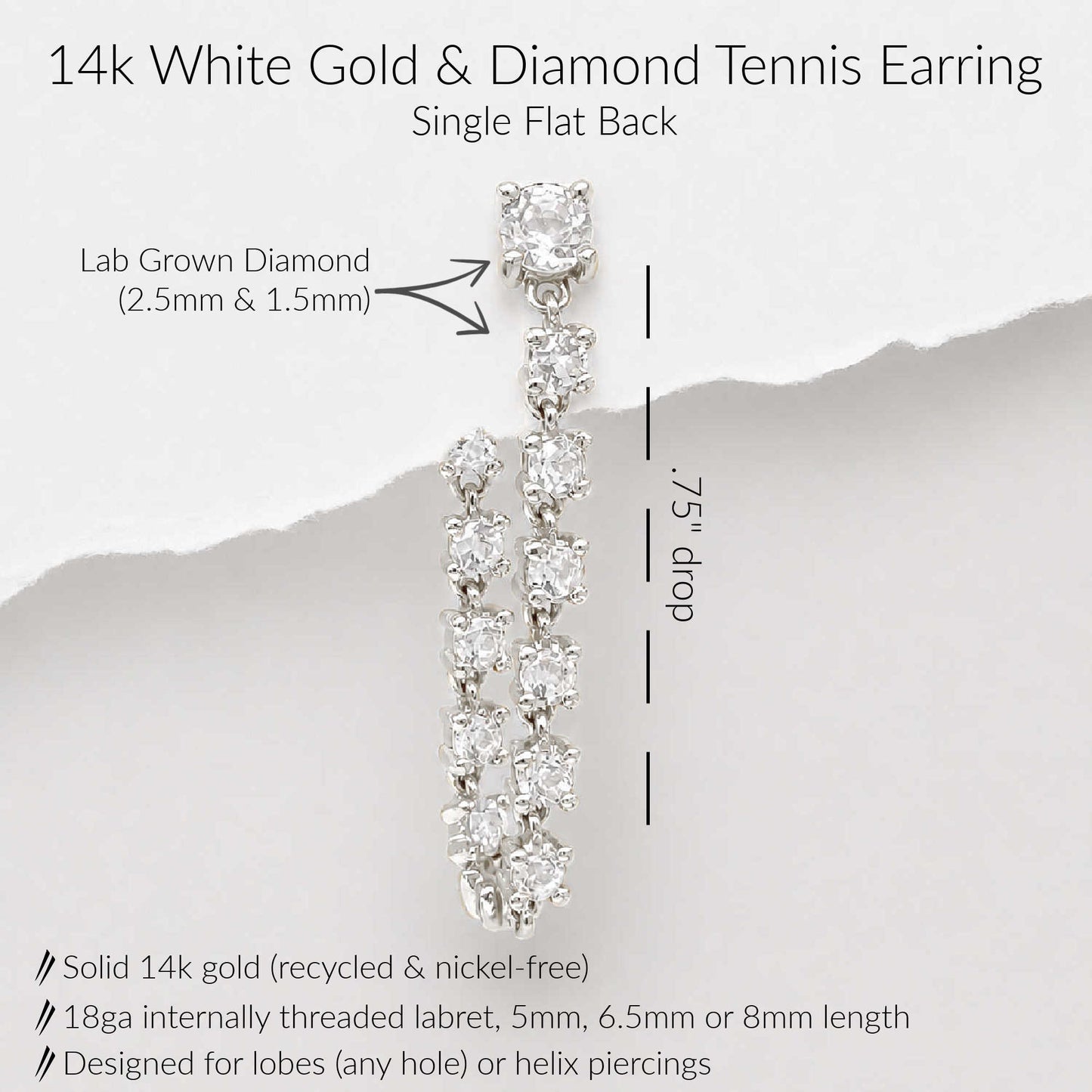A single 14k white gold tennis earring with multiple round-cut clear diamonds, shown on a light gray background with product details. The earring is labeled as single flat back tennis earring with a .75" drop.