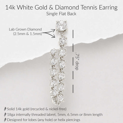 A single 14k white gold tennis earring with multiple round-cut clear diamonds, shown on a light gray background with product details. The earring is labeled as single flat back tennis earring with a .75" drop.