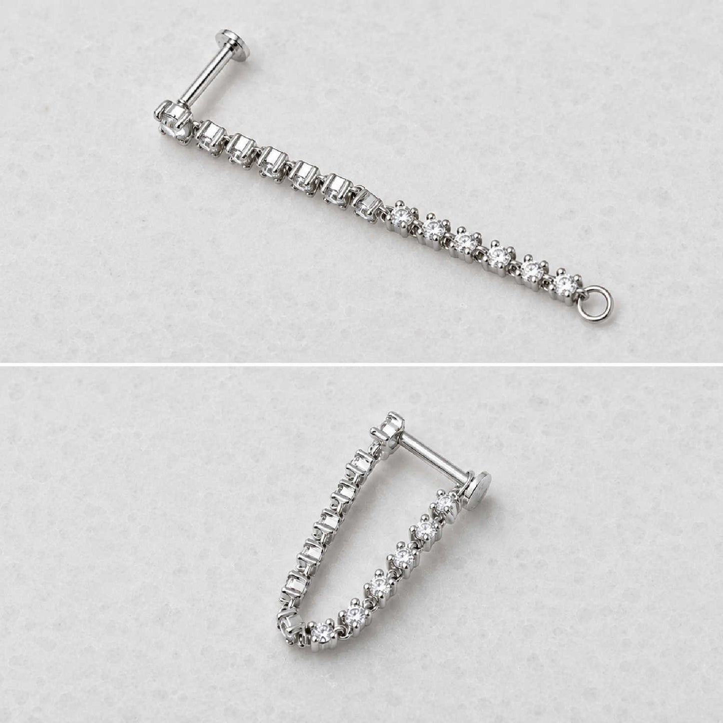 Side view of a 14k white gold tennis style dangle flat back earring with multiple round-cut diamonds