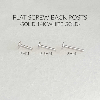 Flat Back Posts in 14k White Gold: 5mm, 6.5mm, and 8mm. Internally Threaded Screw Back Cartilage Jewelry from Two of Most