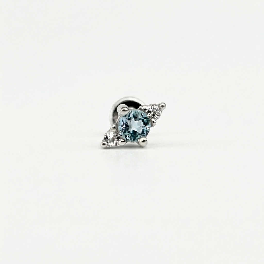 Blue Topaz Earring , 14k White Gold Flat Back Stud, Cartilage Jewelry for Helix, Tragus, Conch or Lobe Piercing