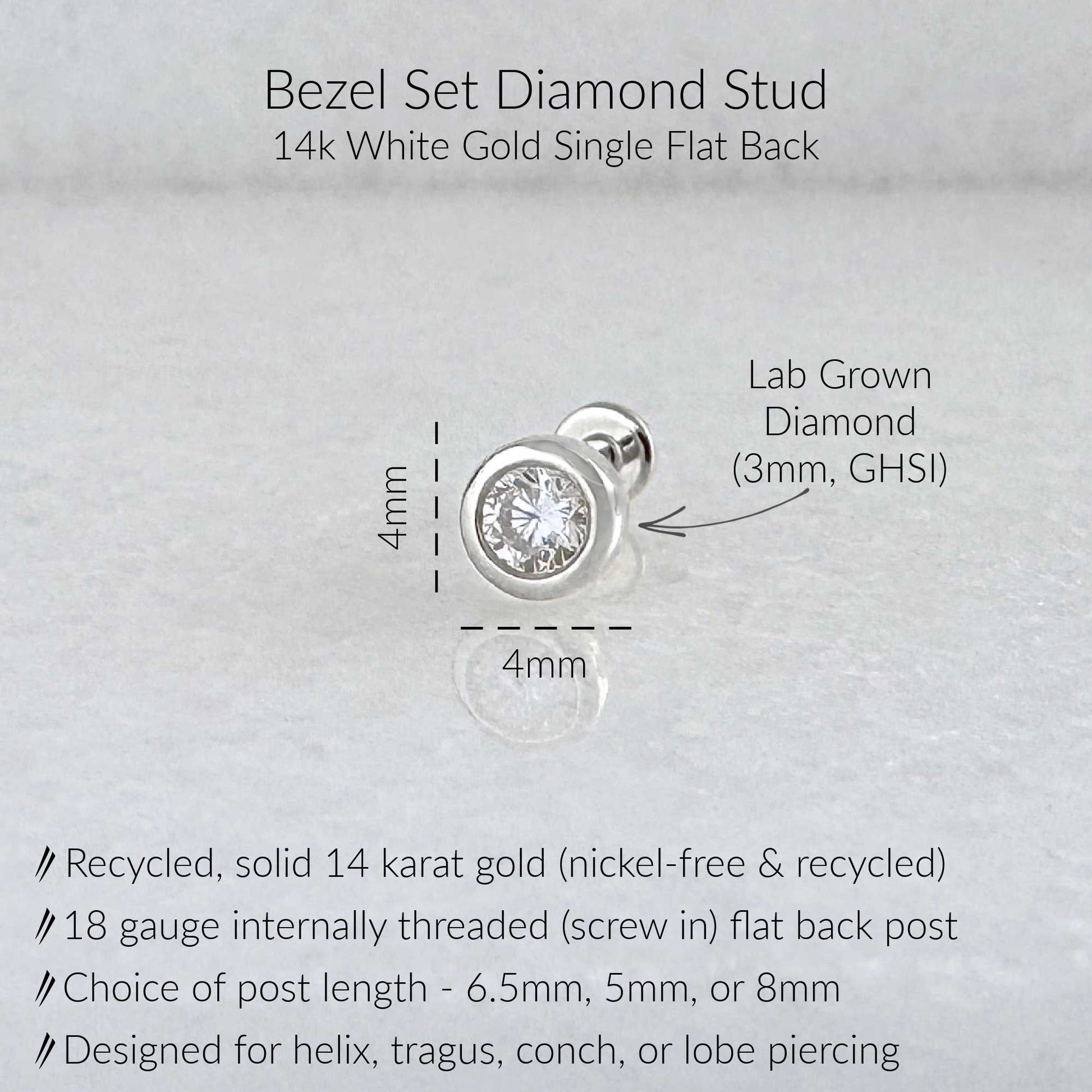 A product information graphic for a bezel-set diamond stud earring. The image shows a small white gold stud with a clear round lab-grown diamond, labeled with dimensions of 4mm, plus text describing 14k single flat back, recycled solid 14 karat white gold, 18 gauge internally threaded post, and suitability for helix, tragus, conch, or lobe piercing.