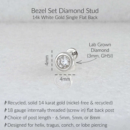 A product information graphic for a bezel-set diamond stud earring. The image shows a small white gold stud with a clear round lab-grown diamond, labeled with dimensions of 4mm, plus text describing 14k single flat back, recycled solid 14 karat white gold, 18 gauge internally threaded post, and suitability for helix, tragus, conch, or lobe piercing.