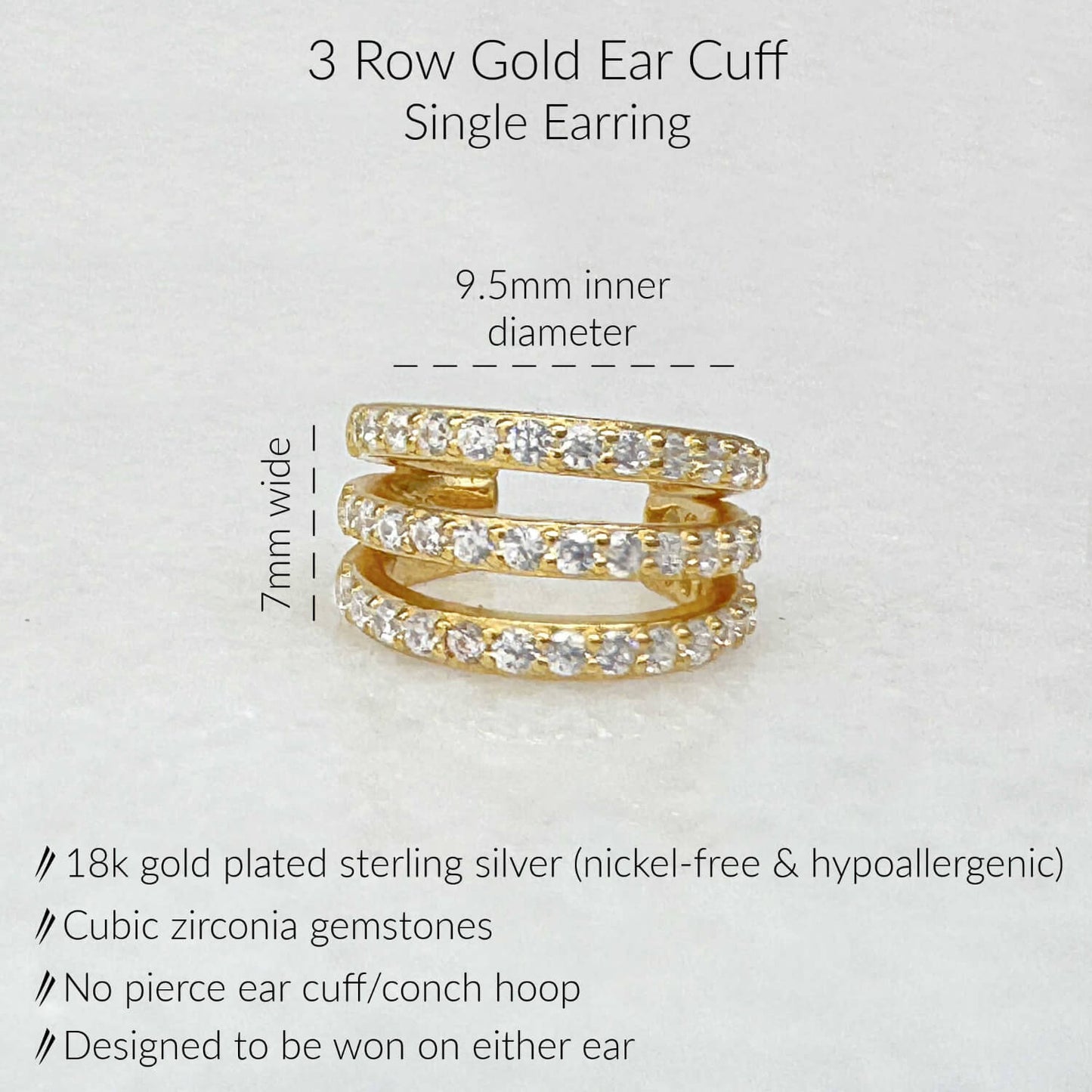 Specs for Gold Ear Cuff Earring. 18K Gold Plated Sterling Silver & 3 Rows of Pave Cubic Zirconia Gemstones