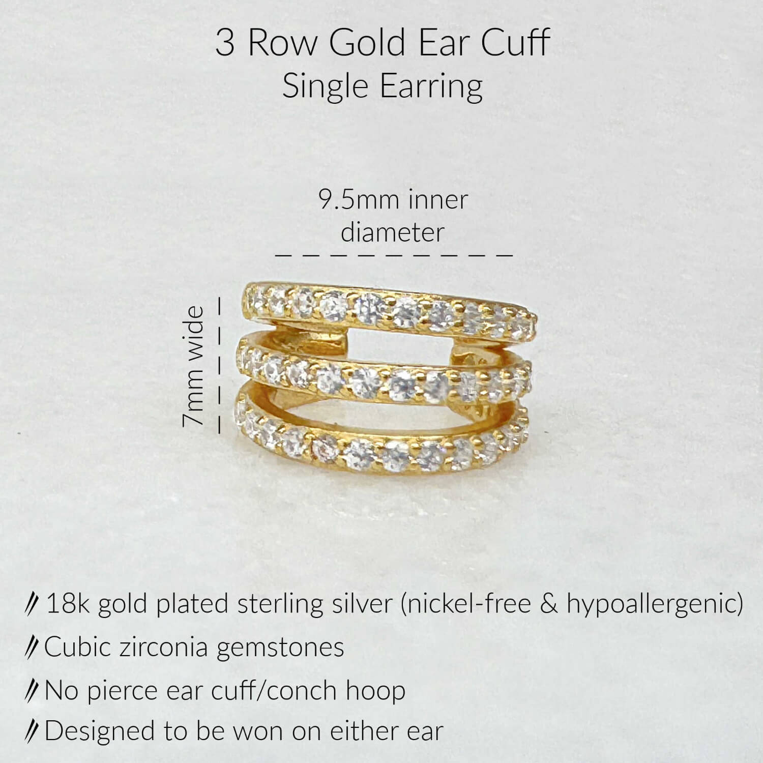 Specs for Gold Ear Cuff Earring. 18K Gold Plated Sterling Silver & 3 Rows of Pave Cubic Zirconia Gemstones
