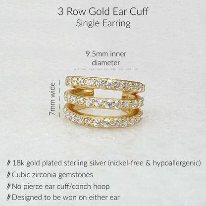 Specs for Gold Ear Cuff Earring. 18K Gold Plated Sterling Silver & 3 Rows of Pave Cubic Zirconia Gemstones