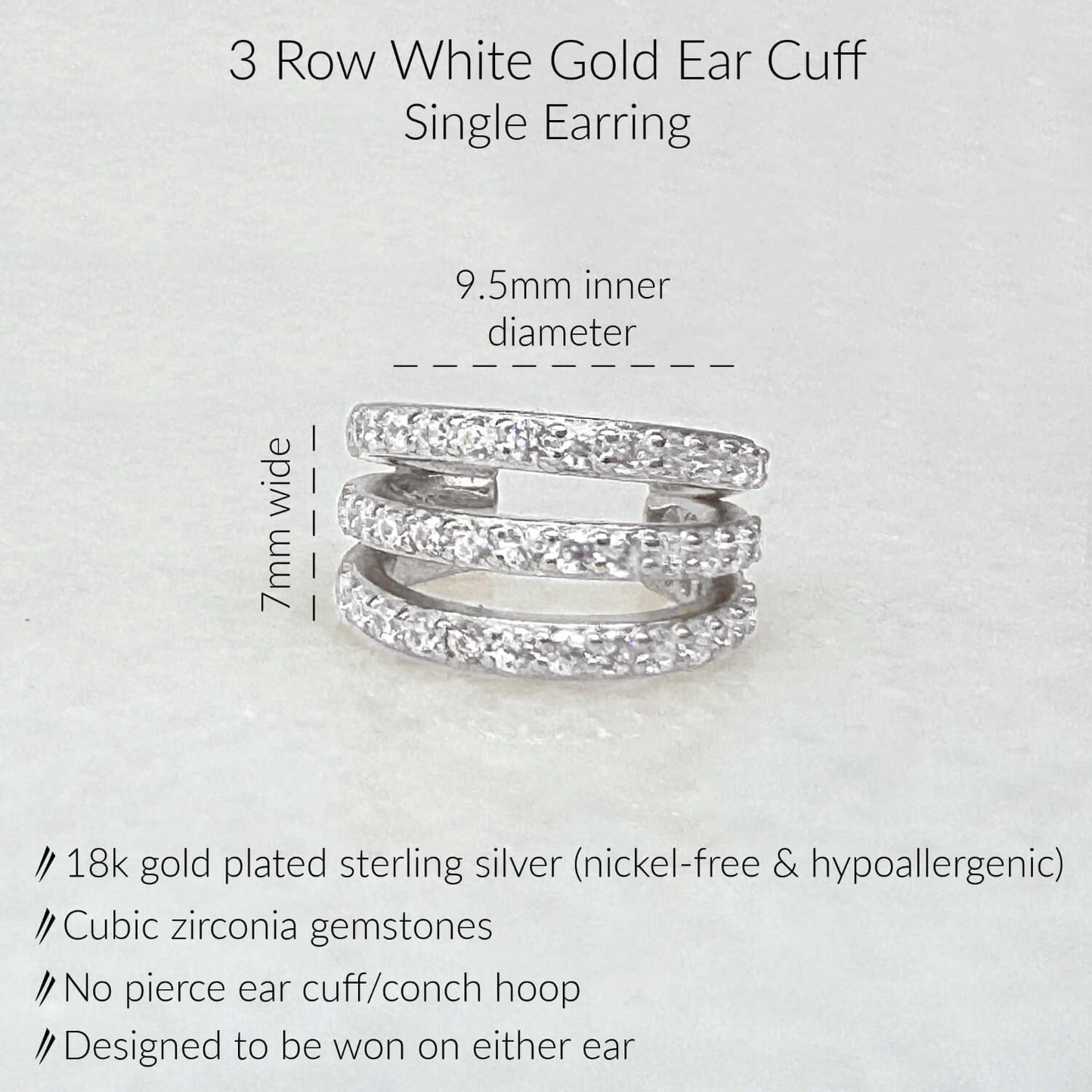 Specs for White Gold Ear Cuff Earring. 18K Gold Plated Sterling Silver & 3 Rows of Pave Cubic Zirconia Gemstones