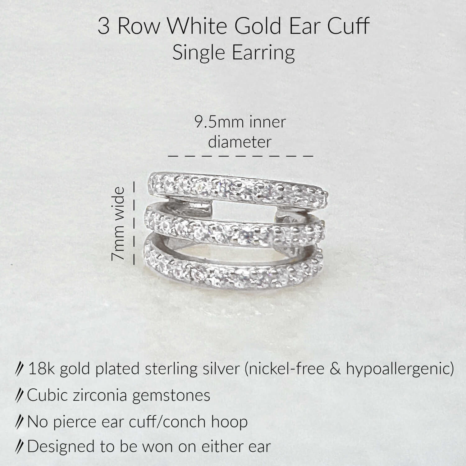 Specs for White Gold Ear Cuff Earring. 18K Gold Plated Sterling Silver & 3 Rows of Pave Cubic Zirconia Gemstones