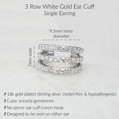 Specs for White Gold Ear Cuff Earring. 18K Gold Plated Sterling Silver & 3 Rows of Pave Cubic Zirconia Gemstones