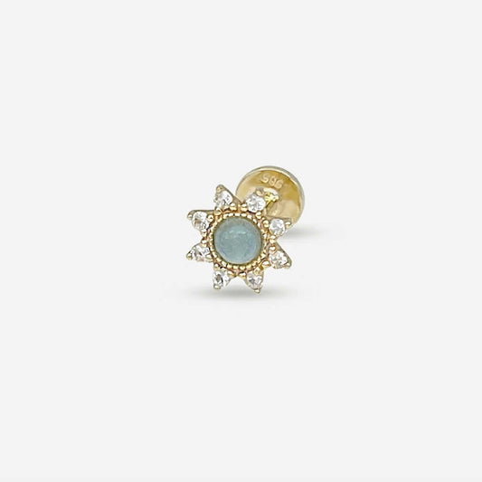 Aquamarine Starburst Earring, 14k Gold Flat Back Stud, Cartilage Jewelry for Helix, Conch or Lobe