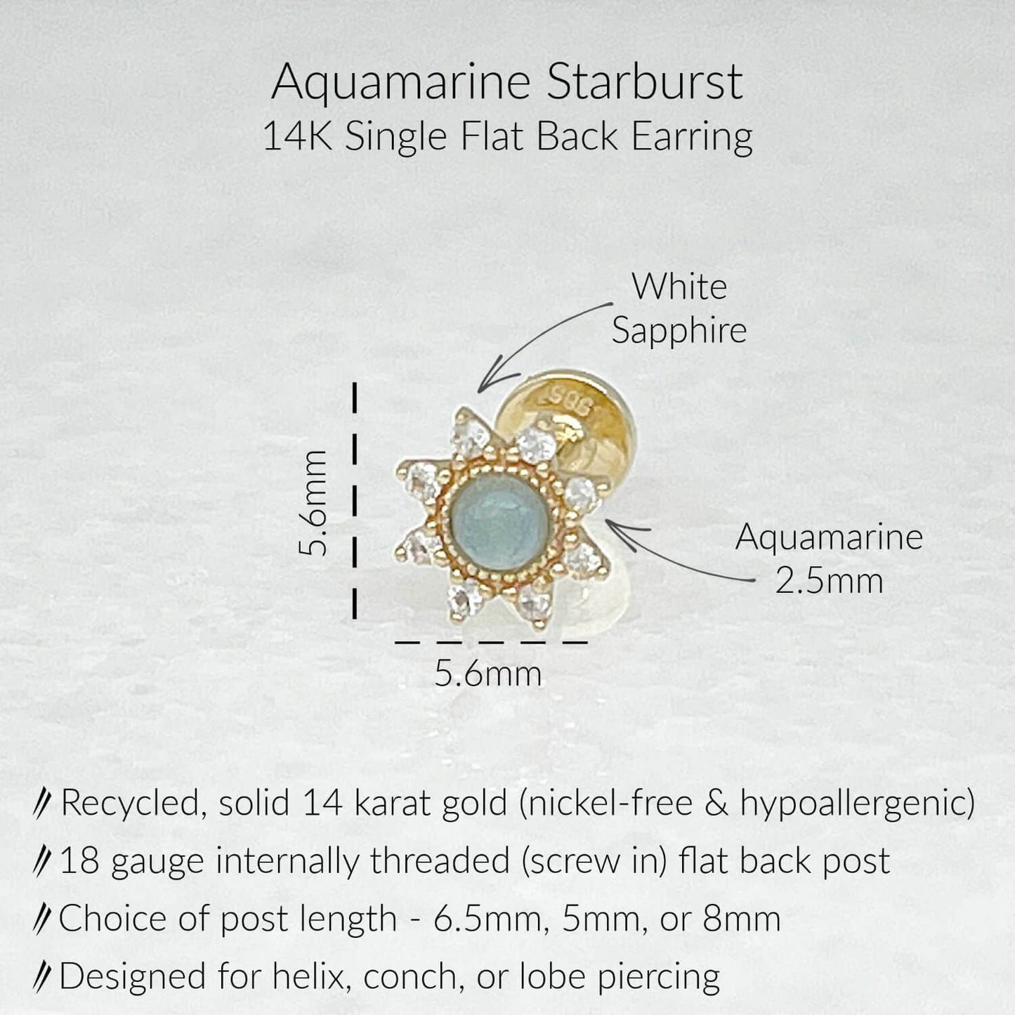 Specs for Aquamarine Starburst Flat Back Earring, Solid 14k Gold, 25mm round natural aquamarine, 6.5mm, 5mm or 8mm flat back 18 gauge post