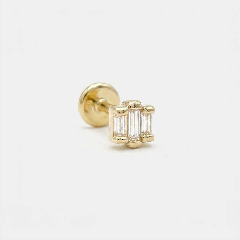 Baguette 3-Stone Earring, 14k Gold Flat Back Stud, Cartilage Jewelry for Helix, Tragus, Conch or Lobe