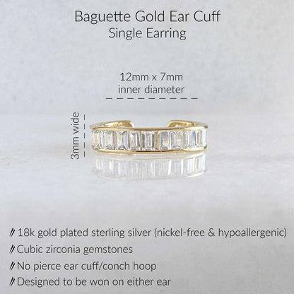 Specs for Gold Baguette Ear Cuff Earring. 18K Gold Plated Sterling Silver & Baguette Cubic Zirconia Gemstones. 12mm x 7mm Oval Shaped.